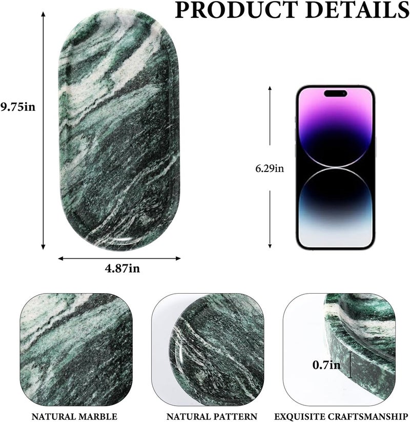 Koville Green Marble Tray for Bathroom Countertop, 10"x5" Natural Marble Vanity Tray Perfume Trays for Dresser, Stone Jewelry Dish Candle Holder for Home Decor, Stone Catchall Trays - Image 2